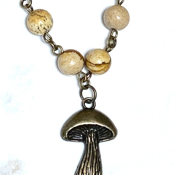 Genuine Yellow Picture Jasper Short Necklace, Bronze Slim Mushroom + Gemstone - Picture 4 of 15